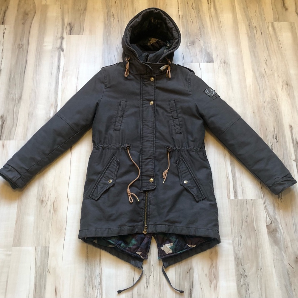 True Religion 2-in-1 Parka Jacket Coat M Detachable Camo Liner Hooded Women's